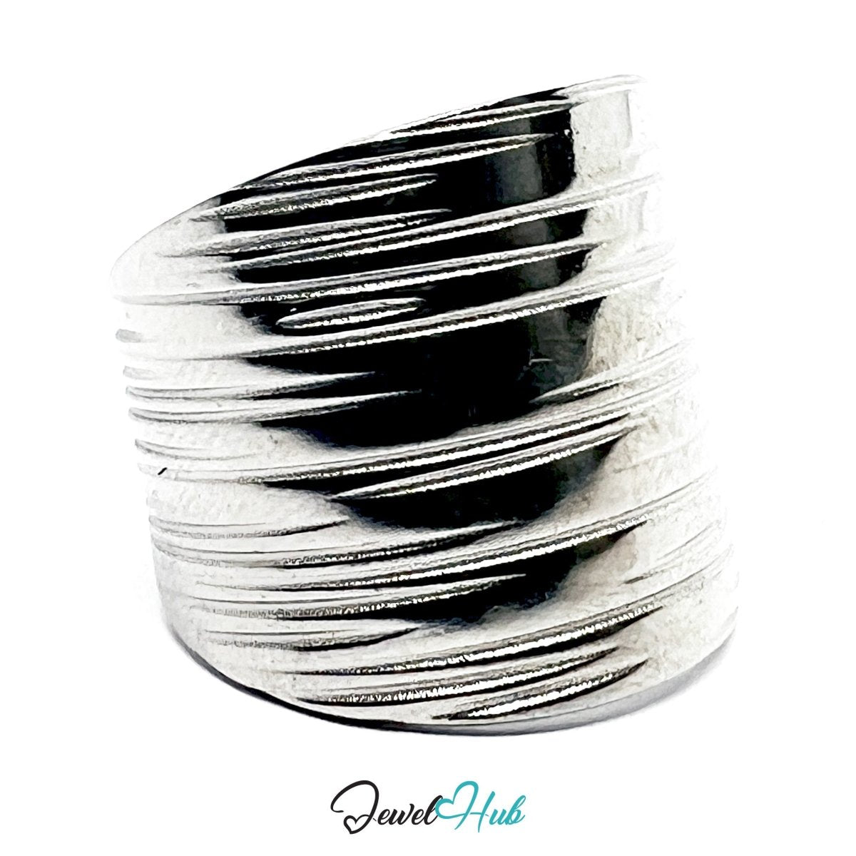 Stainless Steel Ripple Groove Silver Ring – Sculptural Texture, Adjustable - JewelHub.co.uk