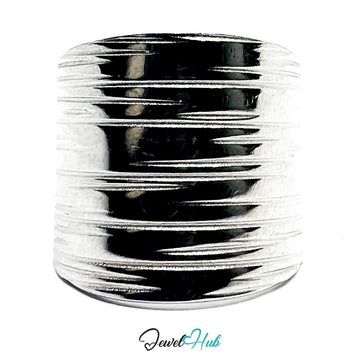Stainless Steel Ripple Groove Silver Ring – Sculptural Texture, Adjustable - JewelHub.co.uk