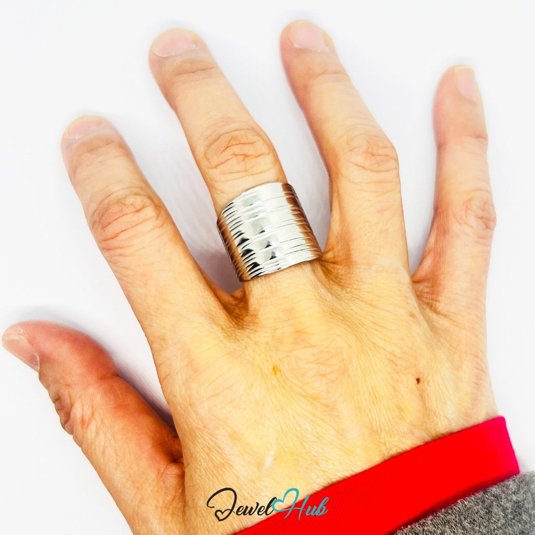 Stainless Steel Ripple Groove Silver Ring – Sculptural Texture, Adjustable - JewelHub.co.uk