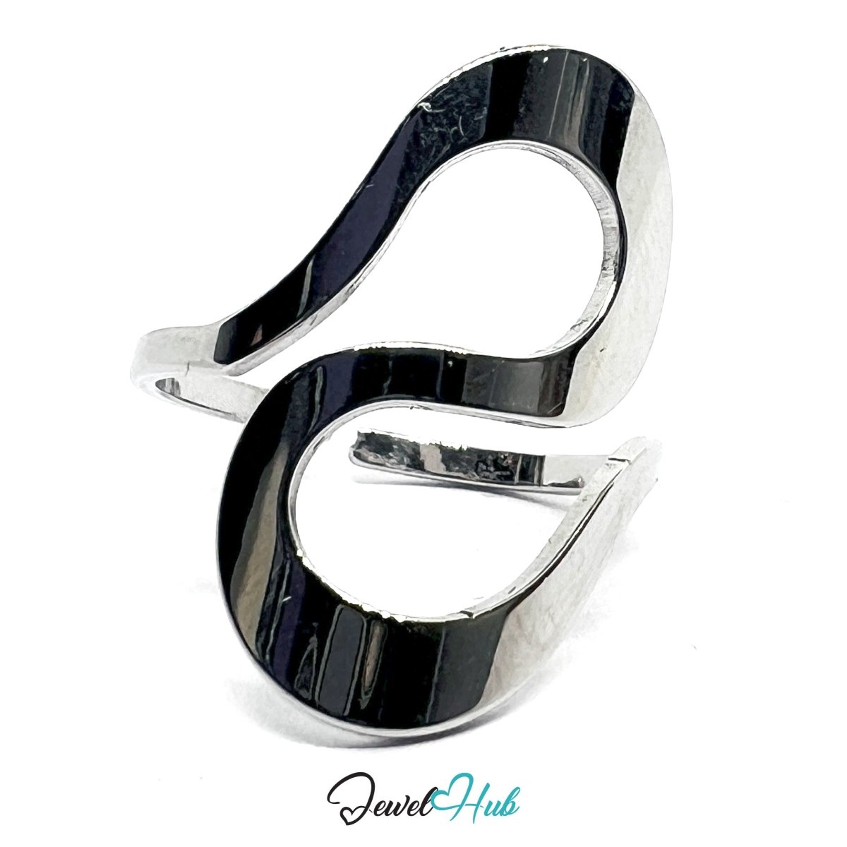 Stainless Steel Silver Abstract Flow Ring – Fluid Contours, Adjustable - JewelHub.co.uk