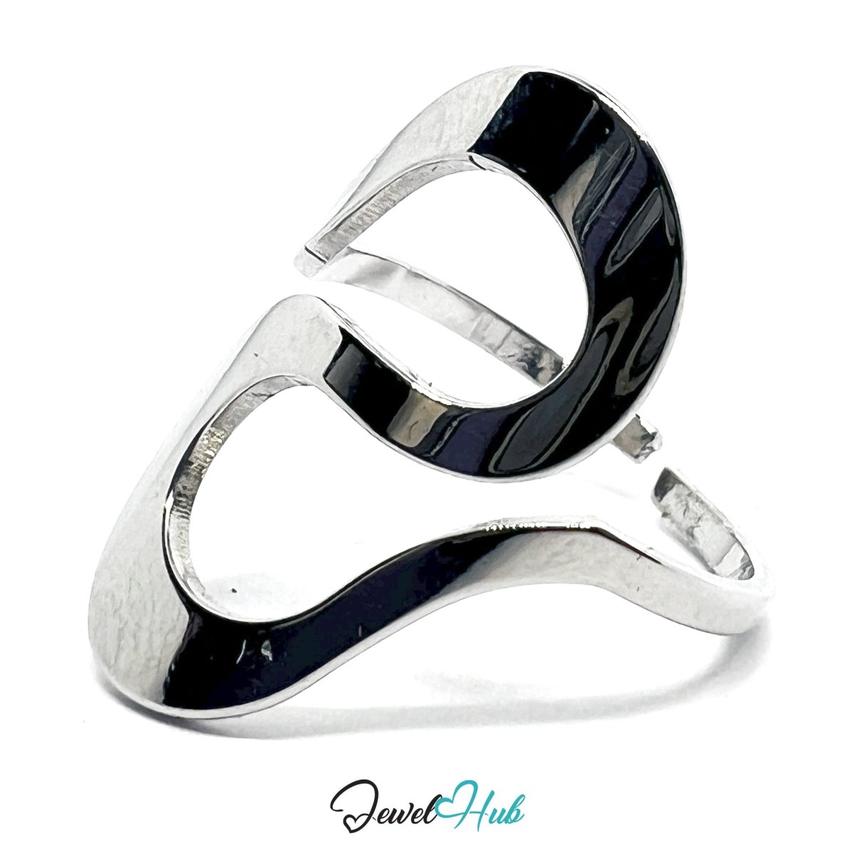 Stainless Steel Silver Abstract Flow Ring – Fluid Contours, Adjustable - JewelHub.co.uk