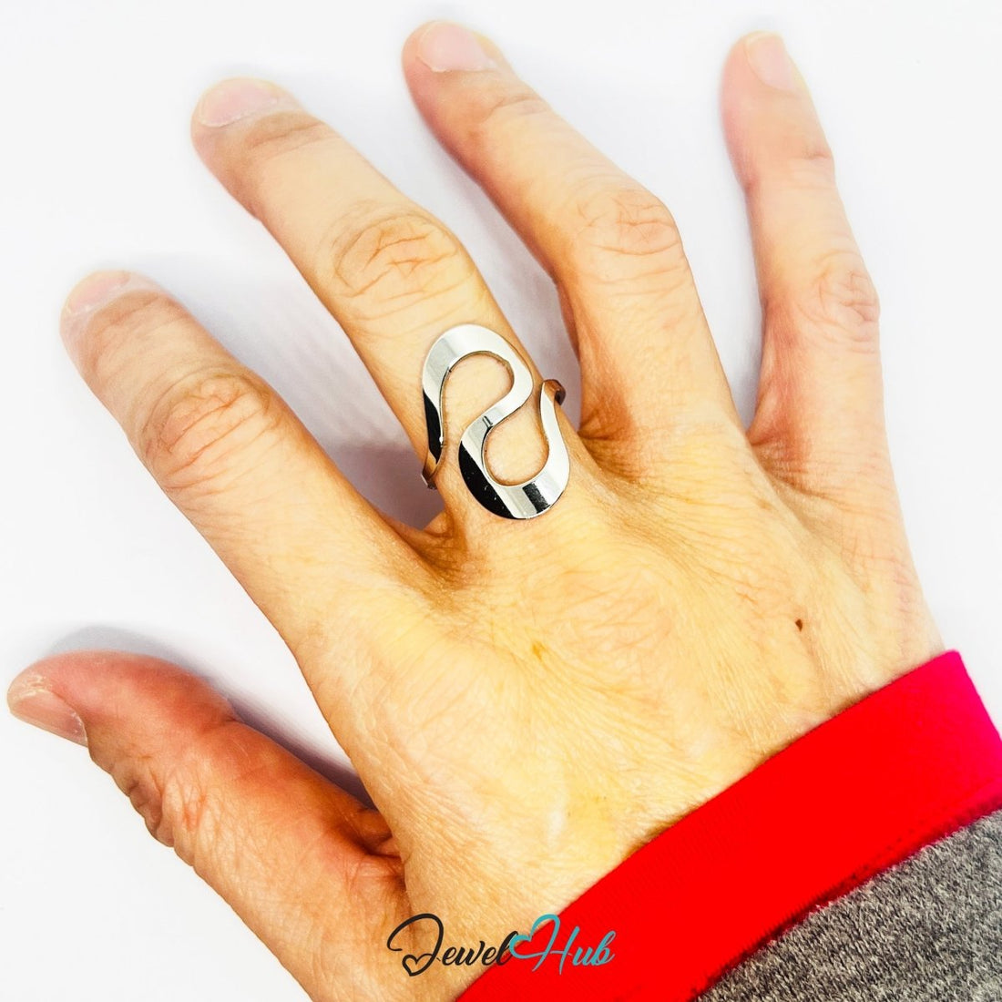 Stainless Steel Silver Abstract Flow Ring – Fluid Contours, Adjustable - JewelHub.co.uk