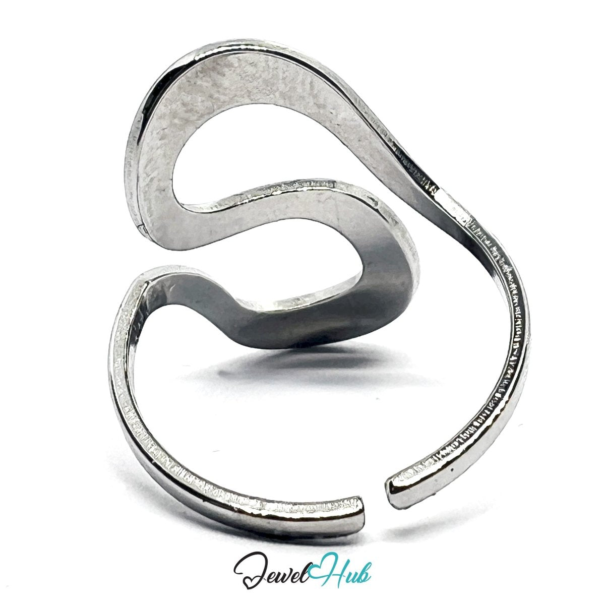 Stainless Steel Silver Abstract Flow Ring – Fluid Contours, Adjustable - JewelHub.co.uk