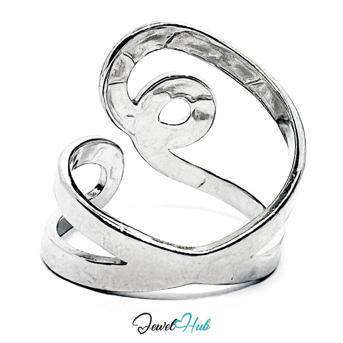 Stainless Steel Silver Abstract Wave Sculptural Ring – Open Swirl Art - JewelHub.co.uk