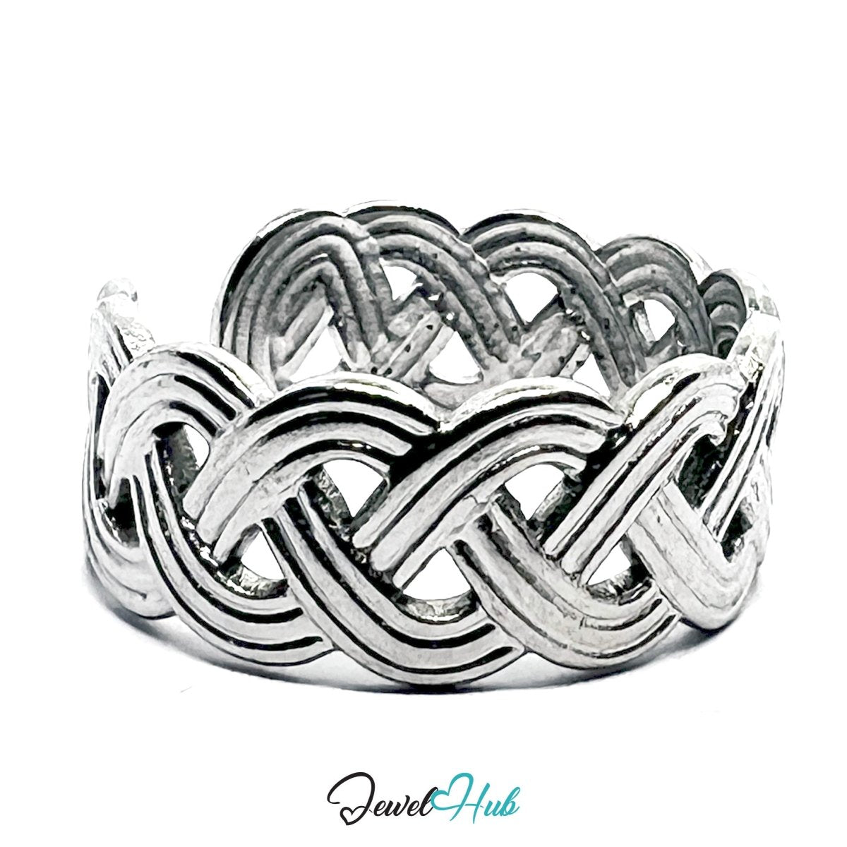 Stainless Steel Silver Braided Ring – Open - End Woven Design - JewelHub.co.uk