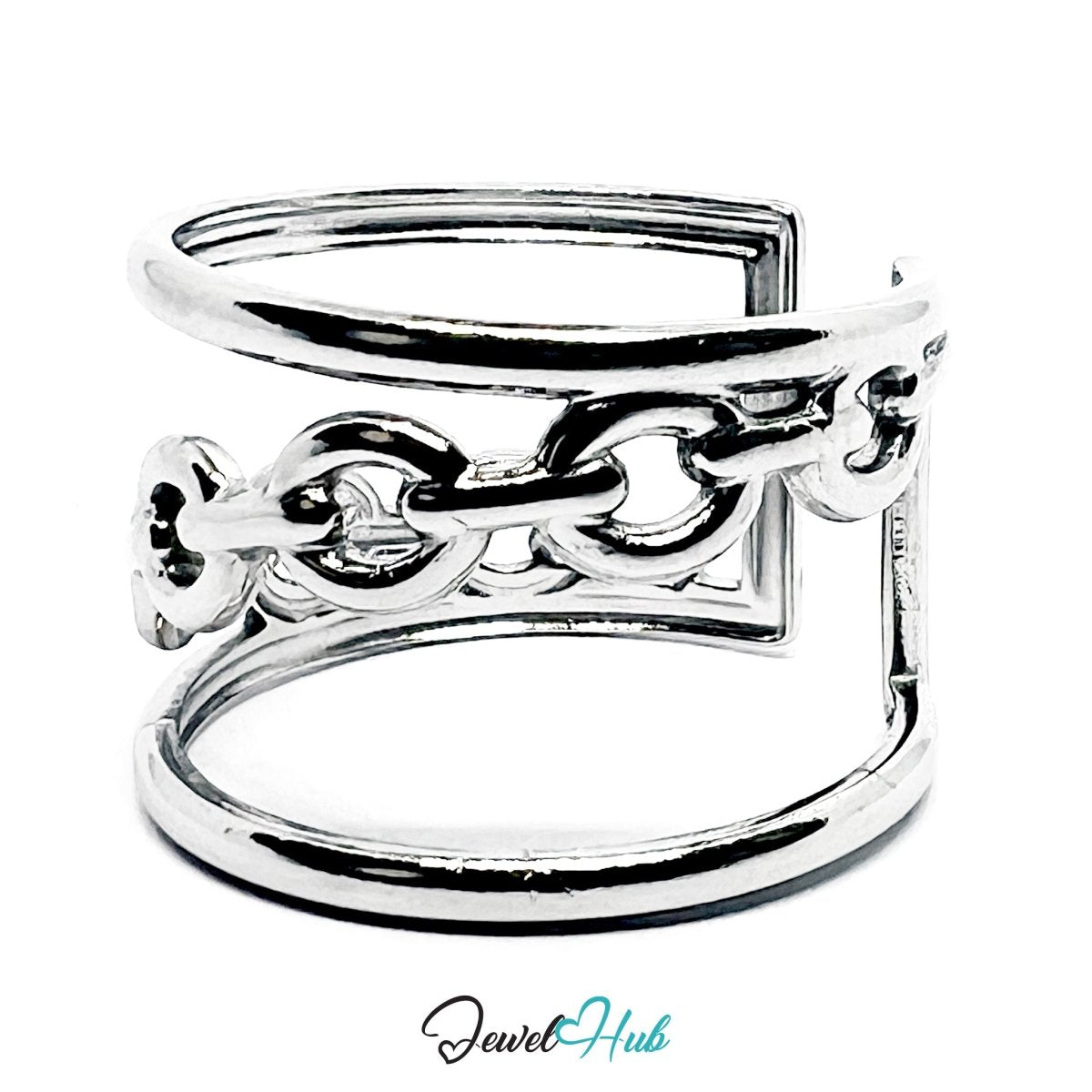 Stainless Steel Silver Chain Link Ring – Double Band Sculptural Ring - JewelHub.co.uk