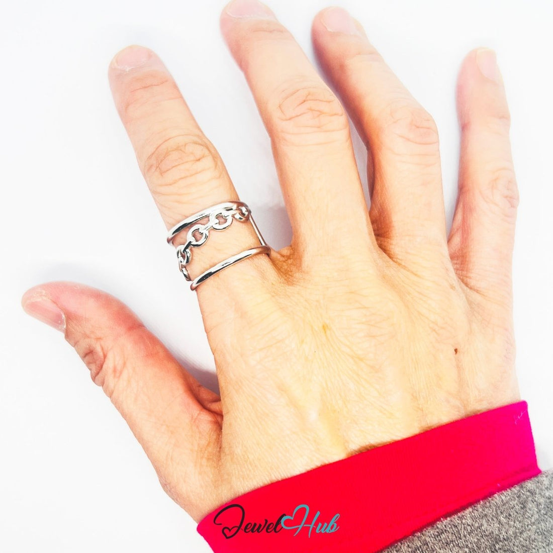 Stainless Steel Silver Chain Link Ring – Double Band Sculptural Ring - JewelHub.co.uk