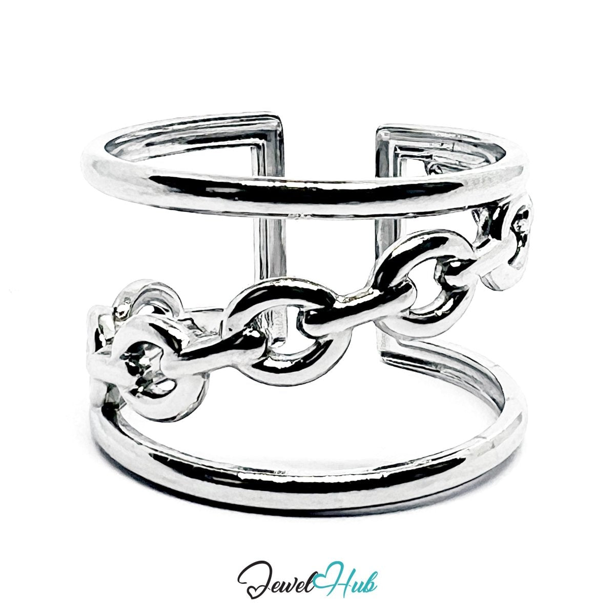 Stainless Steel Silver Chain Link Ring – Double Band Sculptural Ring - JewelHub.co.uk