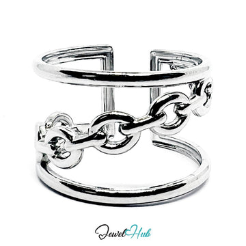 Stainless Steel Silver Chain Link Ring – Double Band Sculptural Ring - JewelHub.co.uk