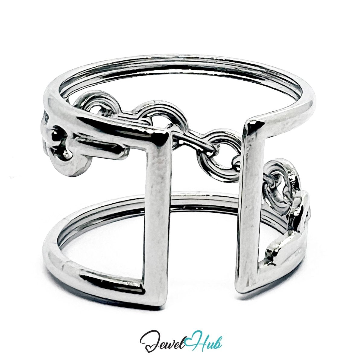 Stainless Steel Silver Chain Link Ring – Double Band Sculptural Ring - JewelHub.co.uk