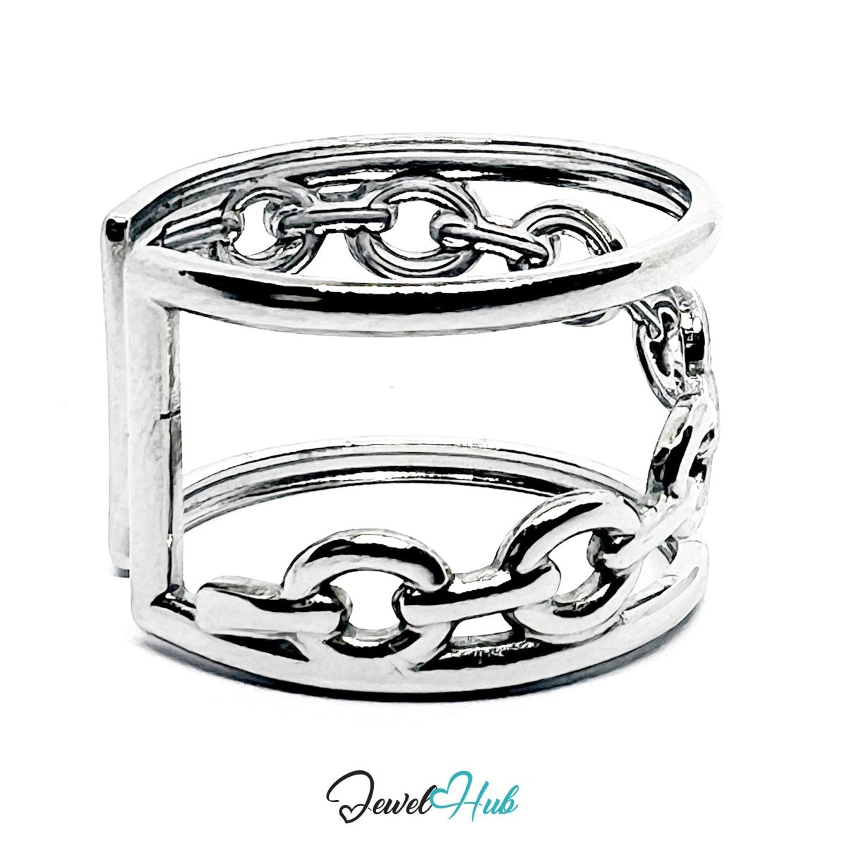 Stainless Steel Silver Chain Link Ring – Double Band Sculptural Ring - JewelHub.co.uk