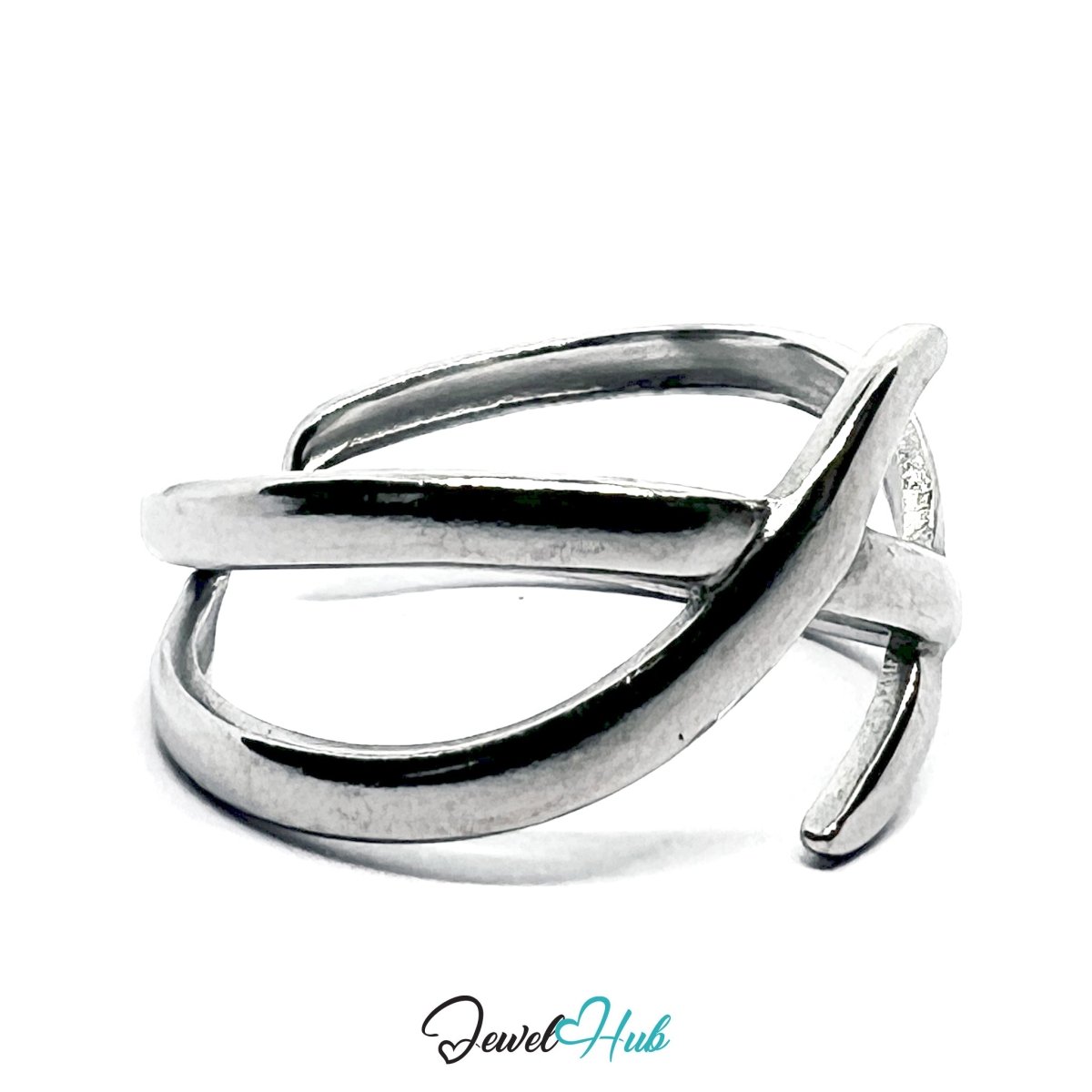 Stainless Steel Silver Crisscross Ring – Modern Open - End Design - JewelHub.co.uk
