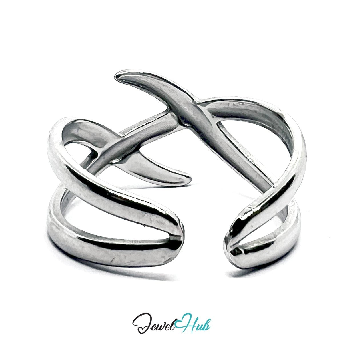 Stainless Steel Silver Crisscross Ring – Modern Open - End Design - JewelHub.co.uk