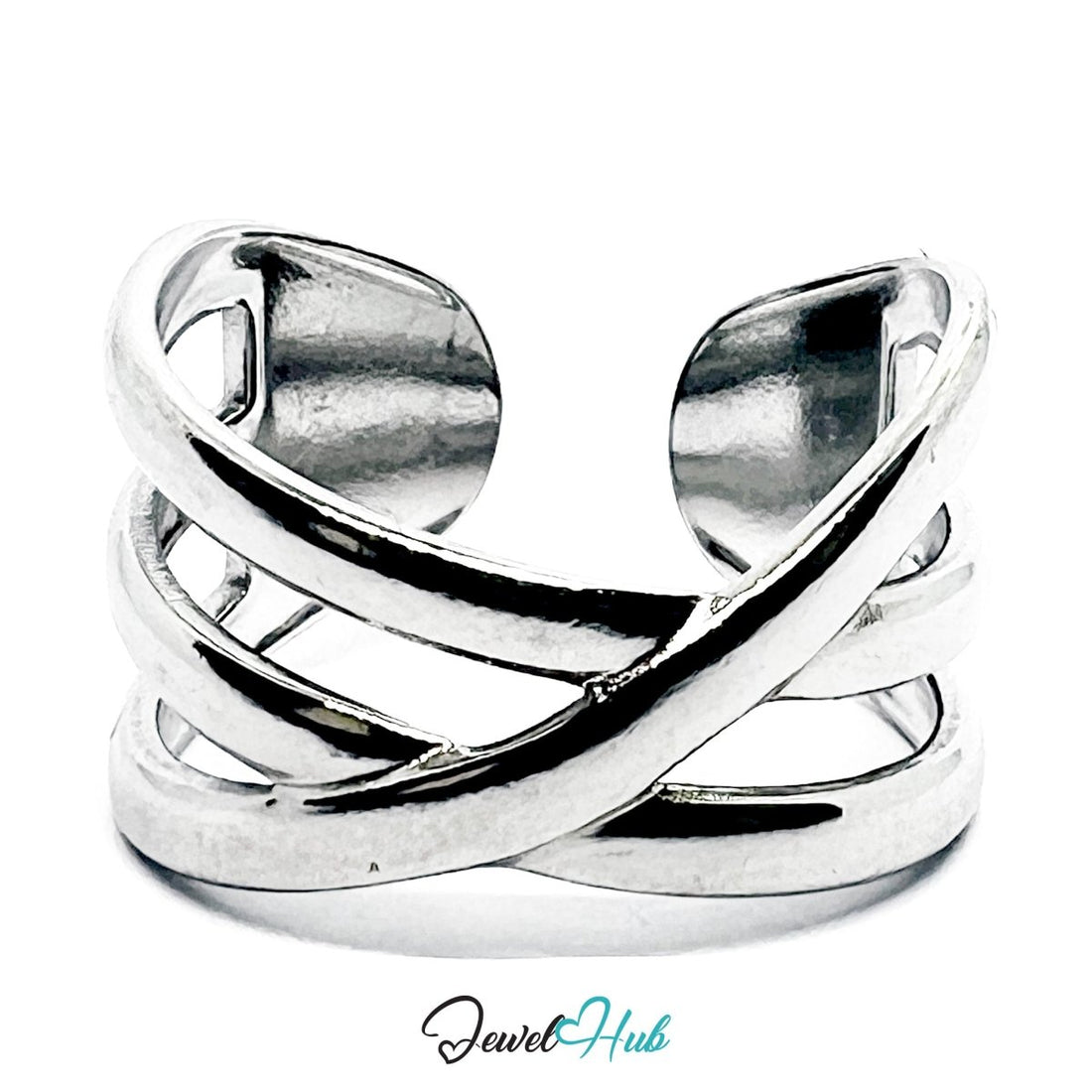 Stainless Steel Silver Crossover Ring – Interwoven Sculptural Band - JewelHub.co.uk