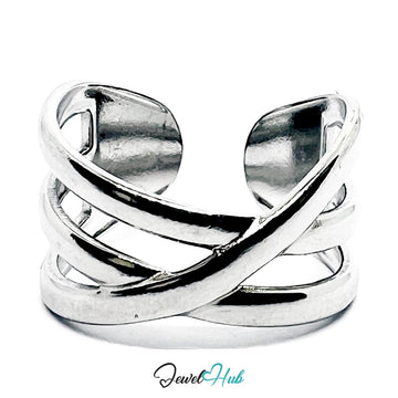 Stainless Steel Silver Crossover Ring – Interwoven Sculptural Band - JewelHub.co.uk