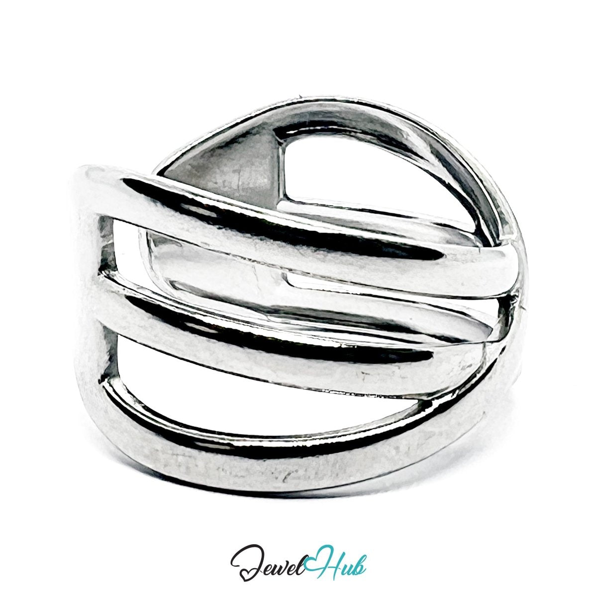 Stainless Steel Silver Crossover Ring – Interwoven Sculptural Band - JewelHub.co.uk