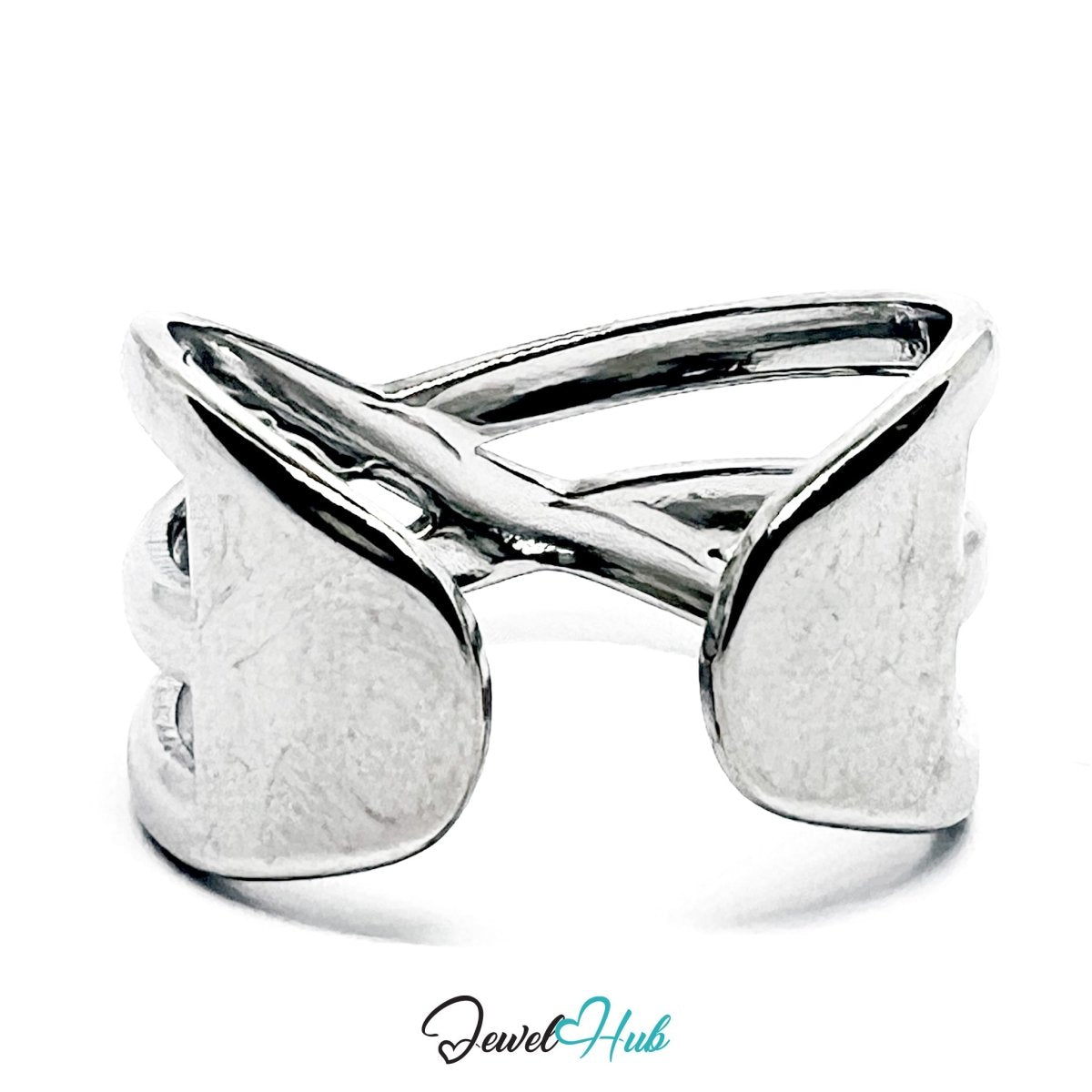 Stainless Steel Silver Crossover Ring – Interwoven Sculptural Band - JewelHub.co.uk