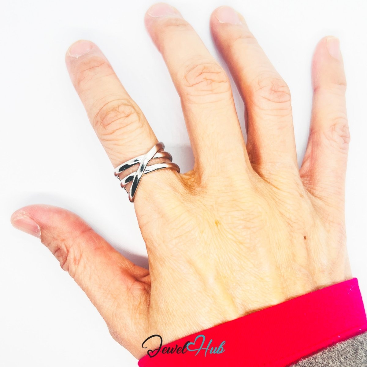 Stainless Steel Silver Crossover Ring – Interwoven Sculptural Band - JewelHub.co.uk