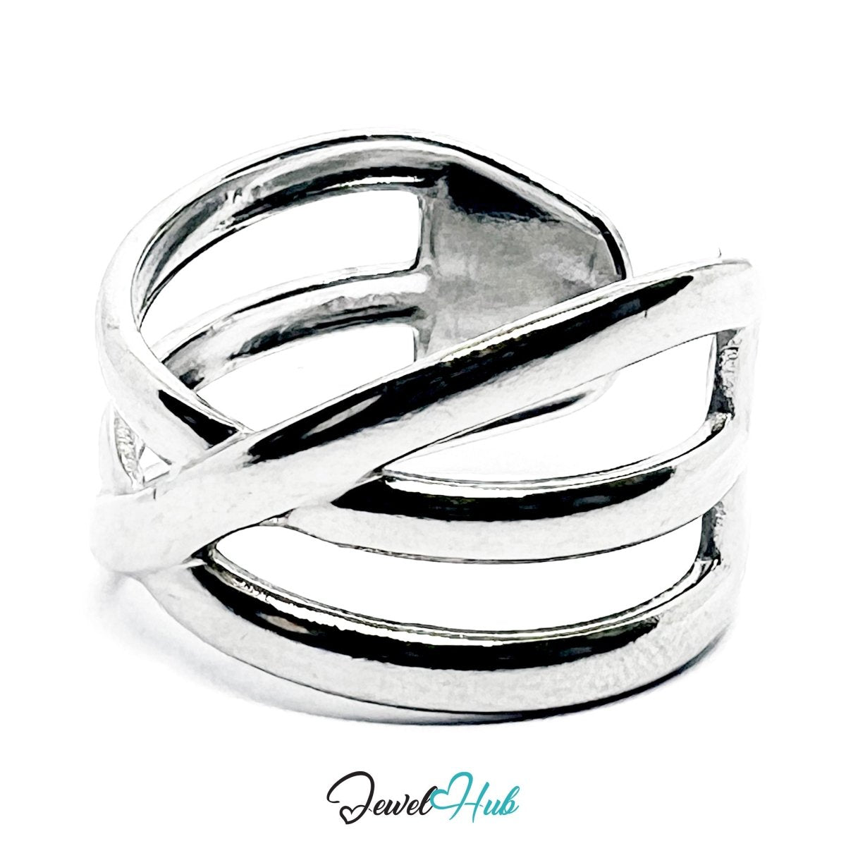 Stainless Steel Silver Crossover Ring – Interwoven Sculptural Band - JewelHub.co.uk