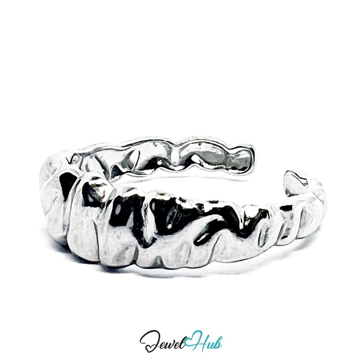 Stainless Steel Silver Crushed Texture Ring – Sculptural Open Band - JewelHub.co.uk