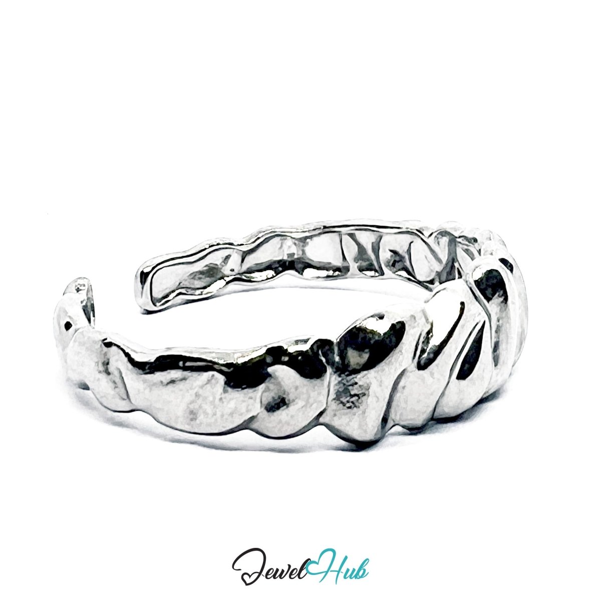 Stainless Steel Silver Crushed Texture Ring – Sculptural Open Band - JewelHub.co.uk