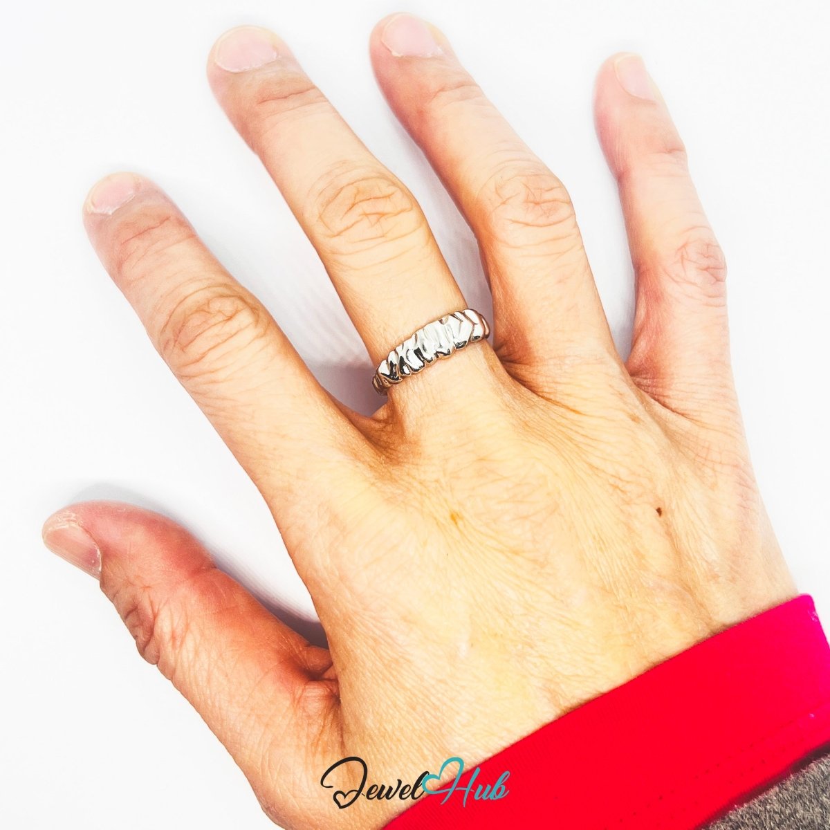 Stainless Steel Silver Crushed Texture Ring – Sculptural Open Band - JewelHub.co.uk
