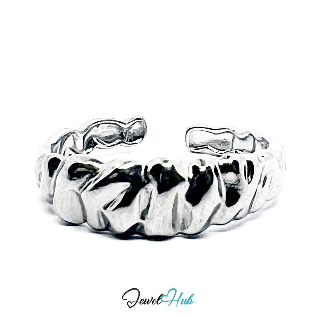 Stainless Steel Silver Crushed Texture Ring – Sculptural Open Band - JewelHub.co.uk