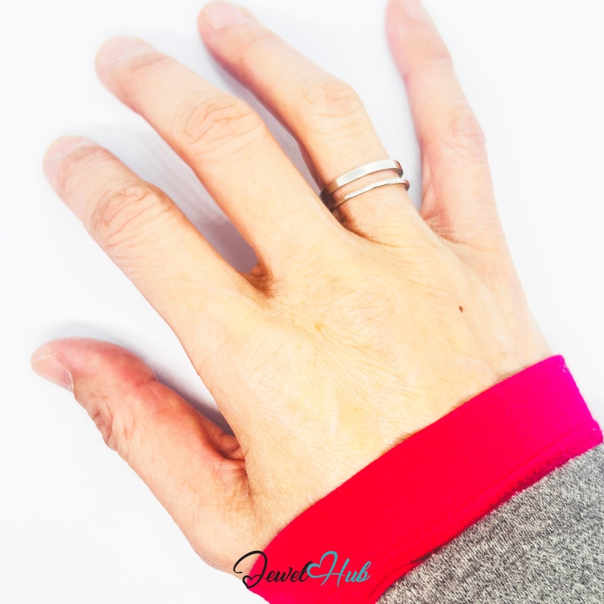 Stainless Steel Silver Double Band Open Ring – Minimal Sculptural - JewelHub.co.uk