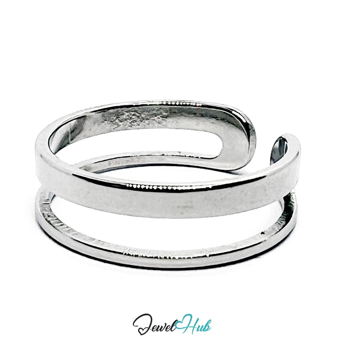 Stainless Steel Silver Double Band Open Ring – Minimal Sculptural - JewelHub.co.uk
