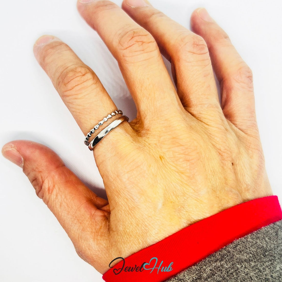 Stainless Steel Silver Double‑Band Ring – Textured Open - End Design - JewelHub.co.uk