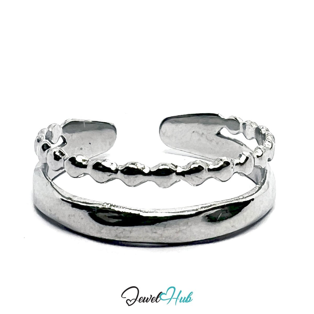 Stainless Steel Silver Double‑Band Ring – Textured Open - End Design - JewelHub.co.uk