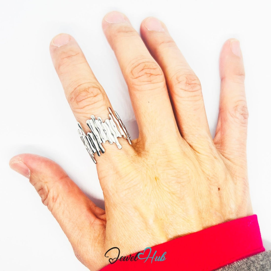 Stainless Steel Silver Drip Sculptural Ring – Abstract Statement Band - JewelHub.co.uk