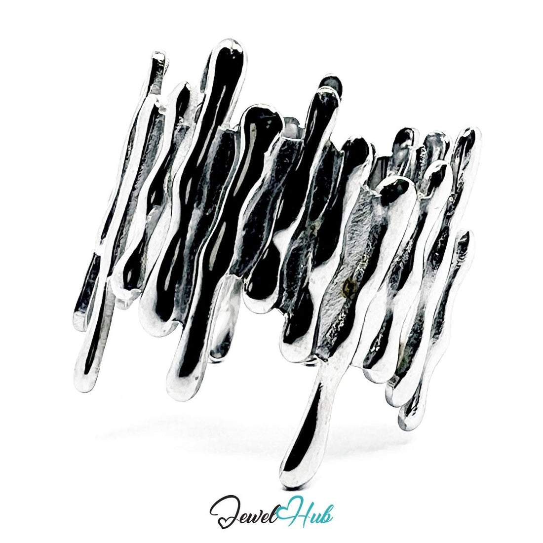 Stainless Steel Silver Drip Sculptural Ring – Abstract Statement Band - JewelHub.co.uk