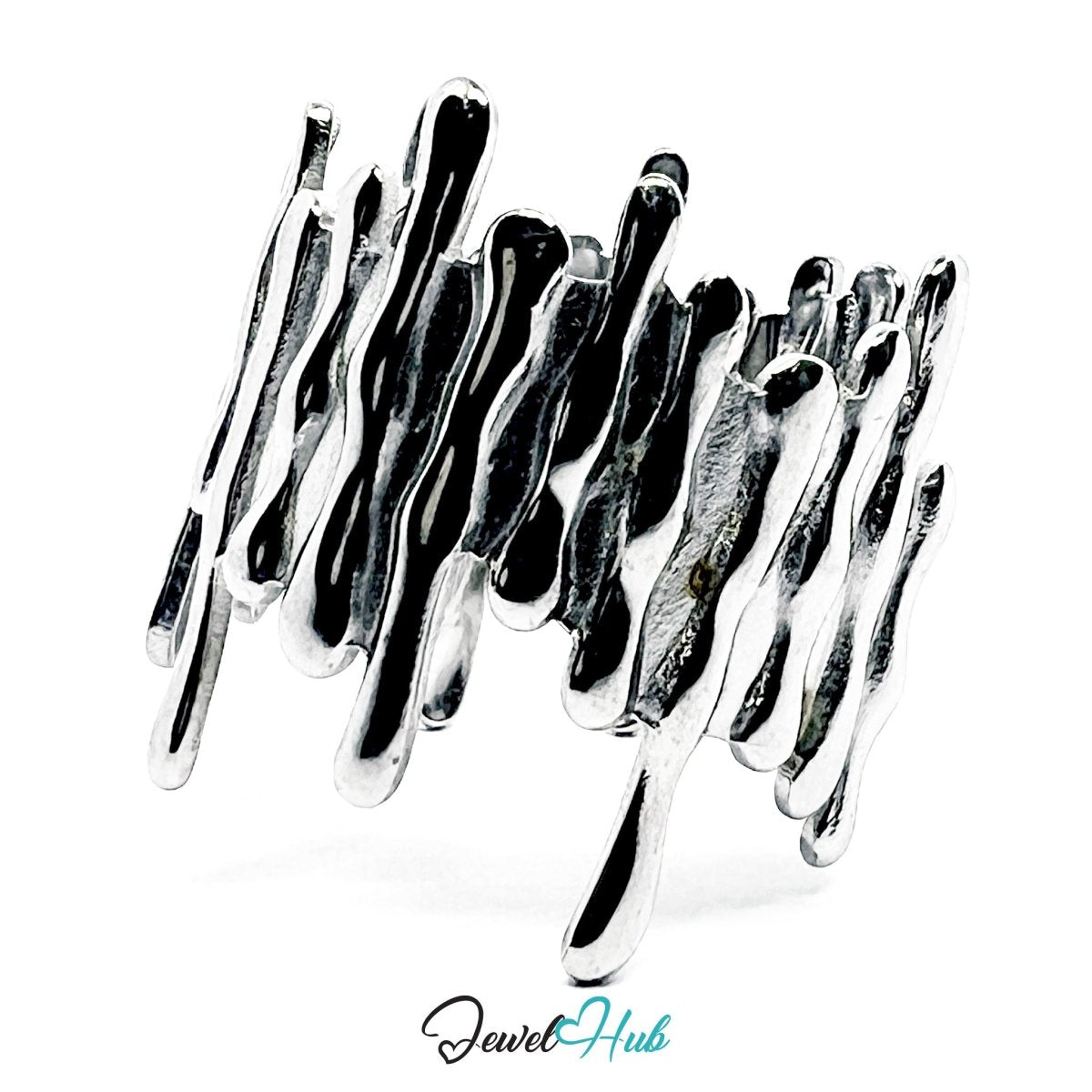 Stainless Steel Silver Drip Sculptural Ring – Abstract Statement Band - JewelHub.co.uk