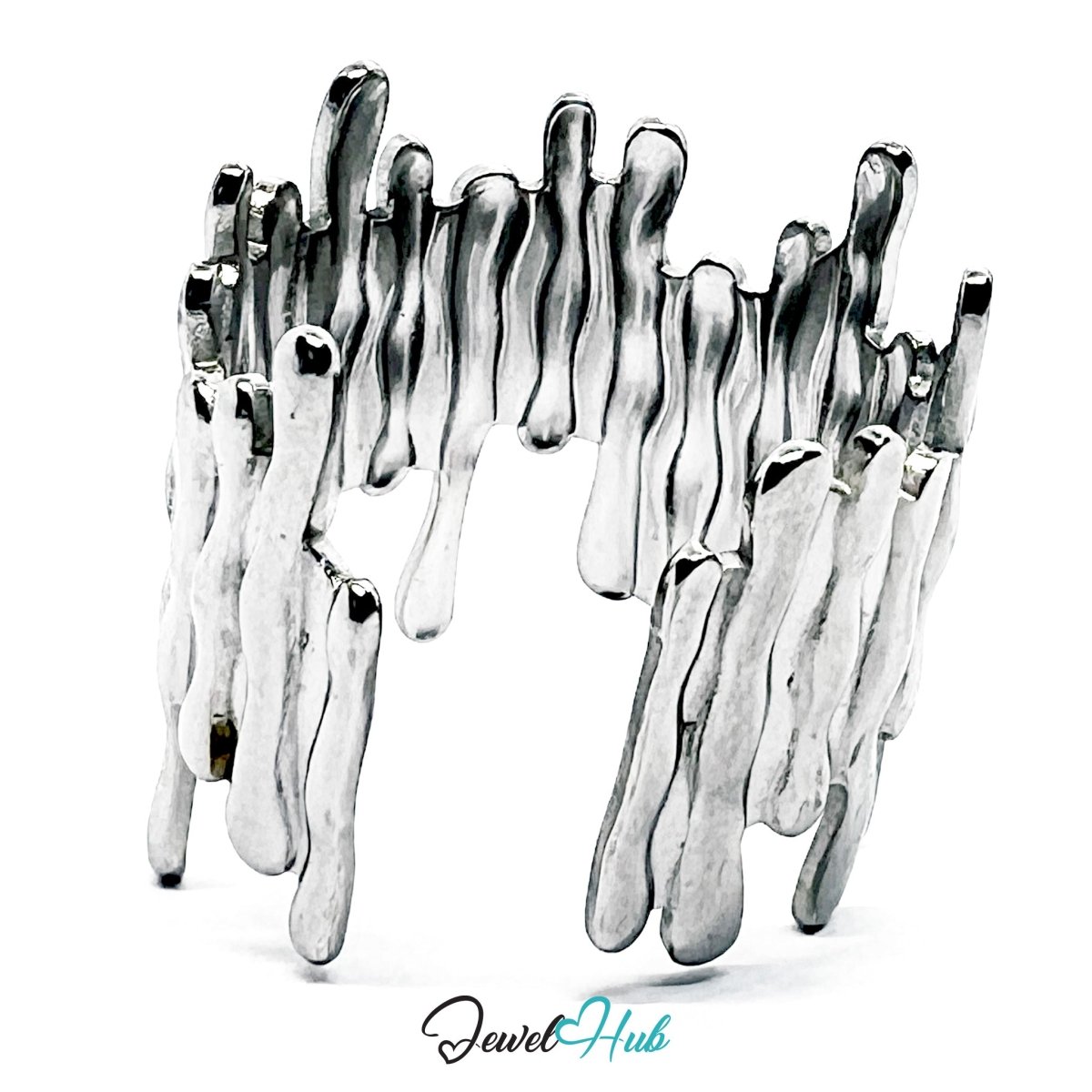Stainless Steel Silver Drip Sculptural Ring – Abstract Statement Band - JewelHub.co.uk