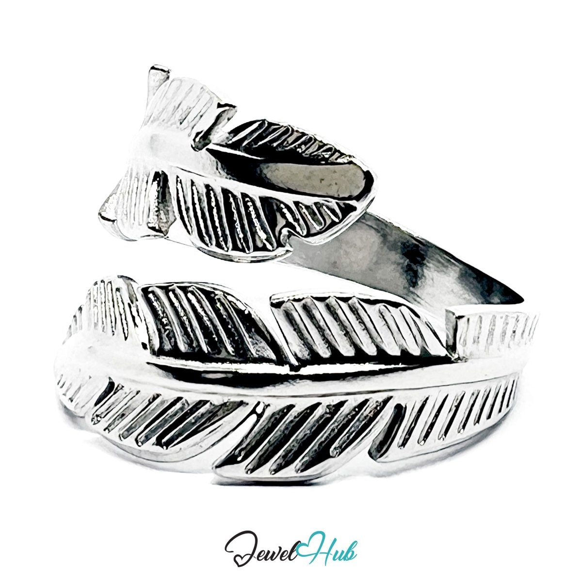 Stainless Steel Silver Feather Ring – Layered Open - End Design - JewelHub.co.uk
