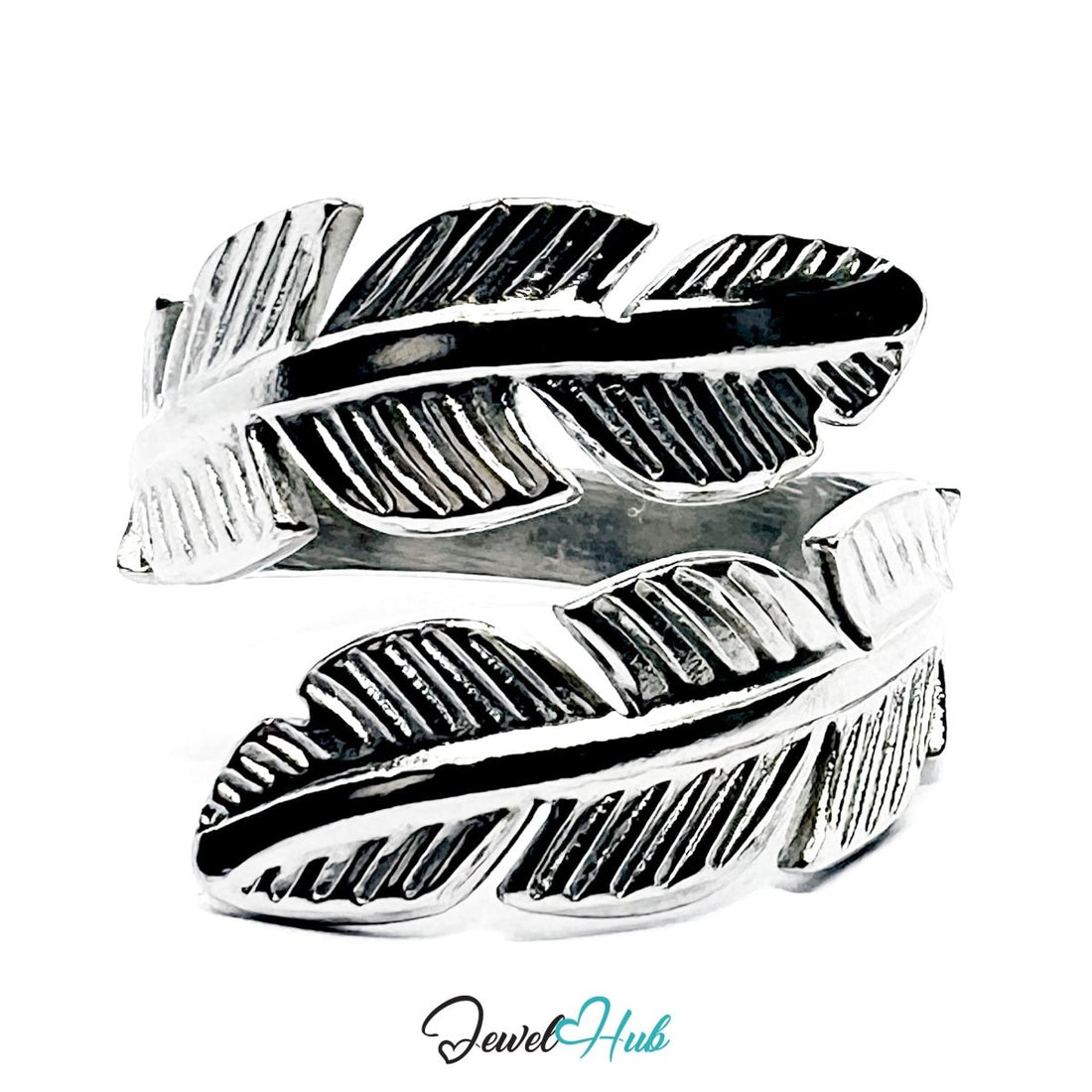 Stainless Steel Silver Feather Ring – Layered Open - End Design - JewelHub.co.uk