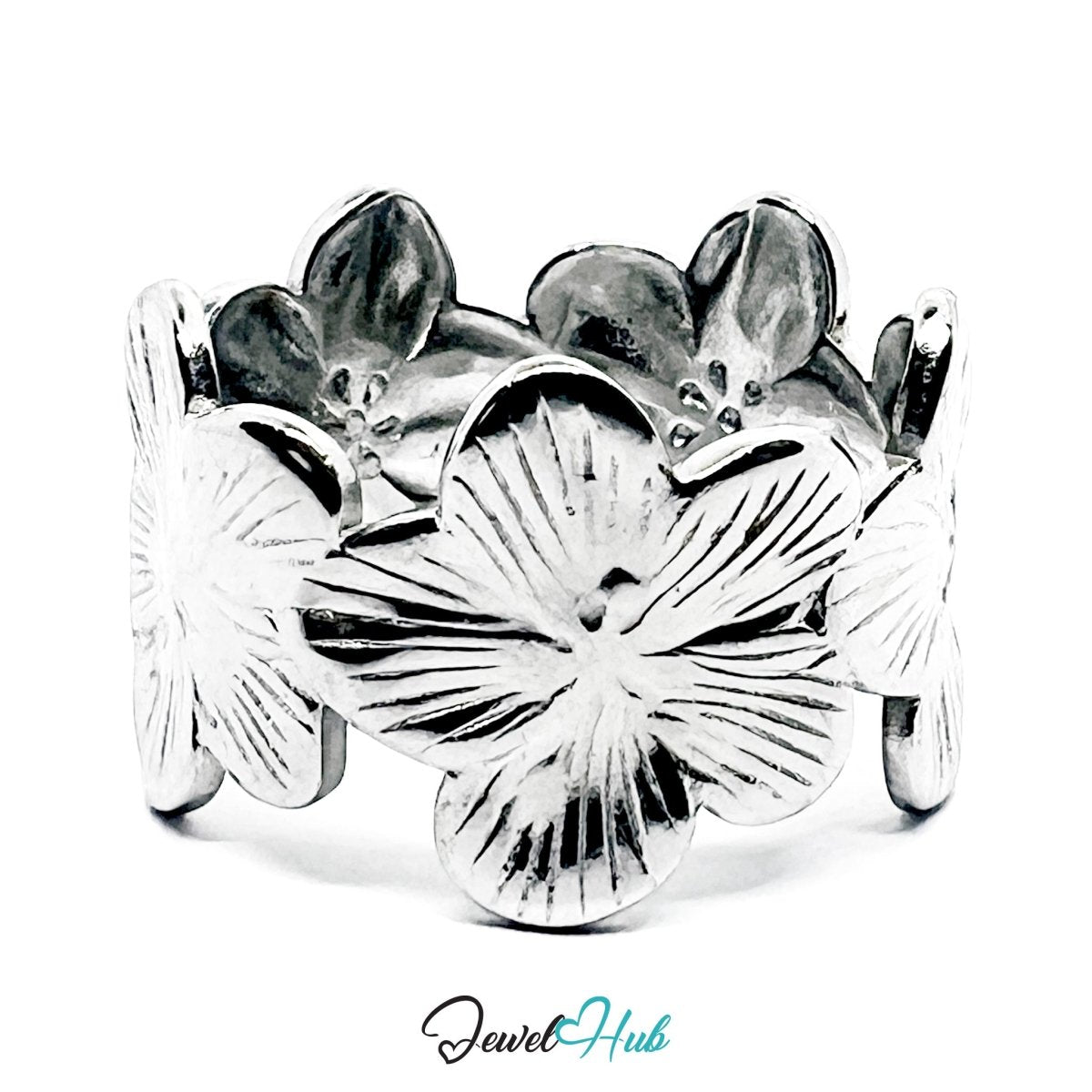 Stainless Steel Silver Flower Ring – Sculptural Floral Statement Band - JewelHub.co.uk