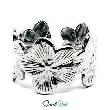 Stainless Steel Silver Flower Ring – Sculptural Floral Statement Band - JewelHub.co.uk