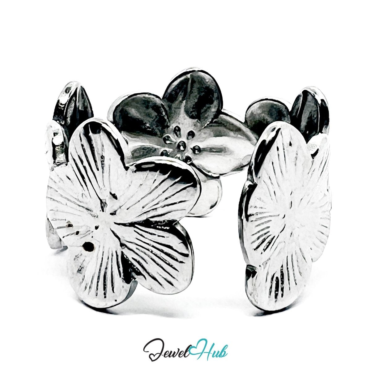 Stainless Steel Silver Flower Ring – Sculptural Floral Statement Band - JewelHub.co.uk