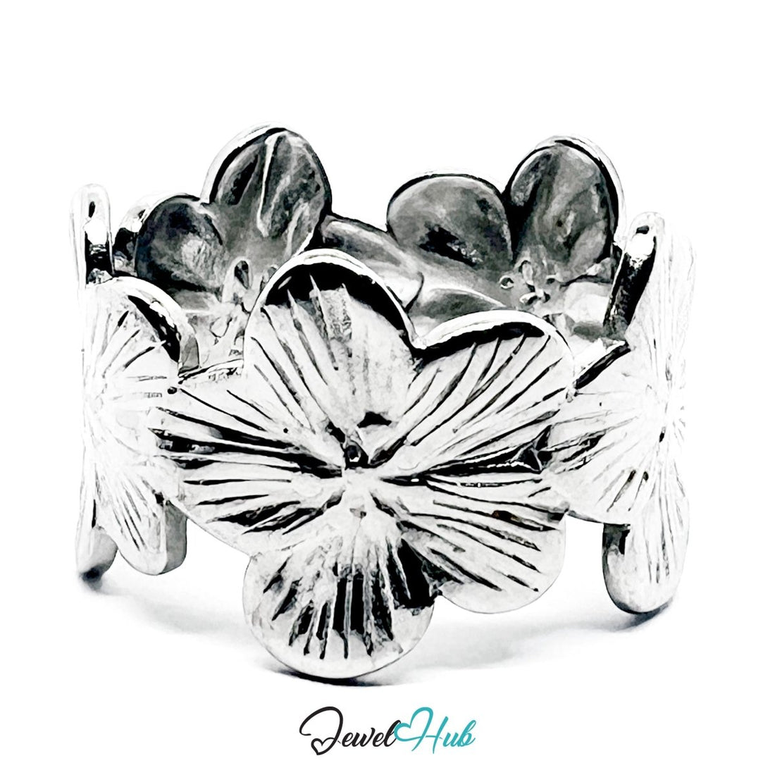 Stainless Steel Silver Flower Ring – Sculptural Floral Statement Band - JewelHub.co.uk