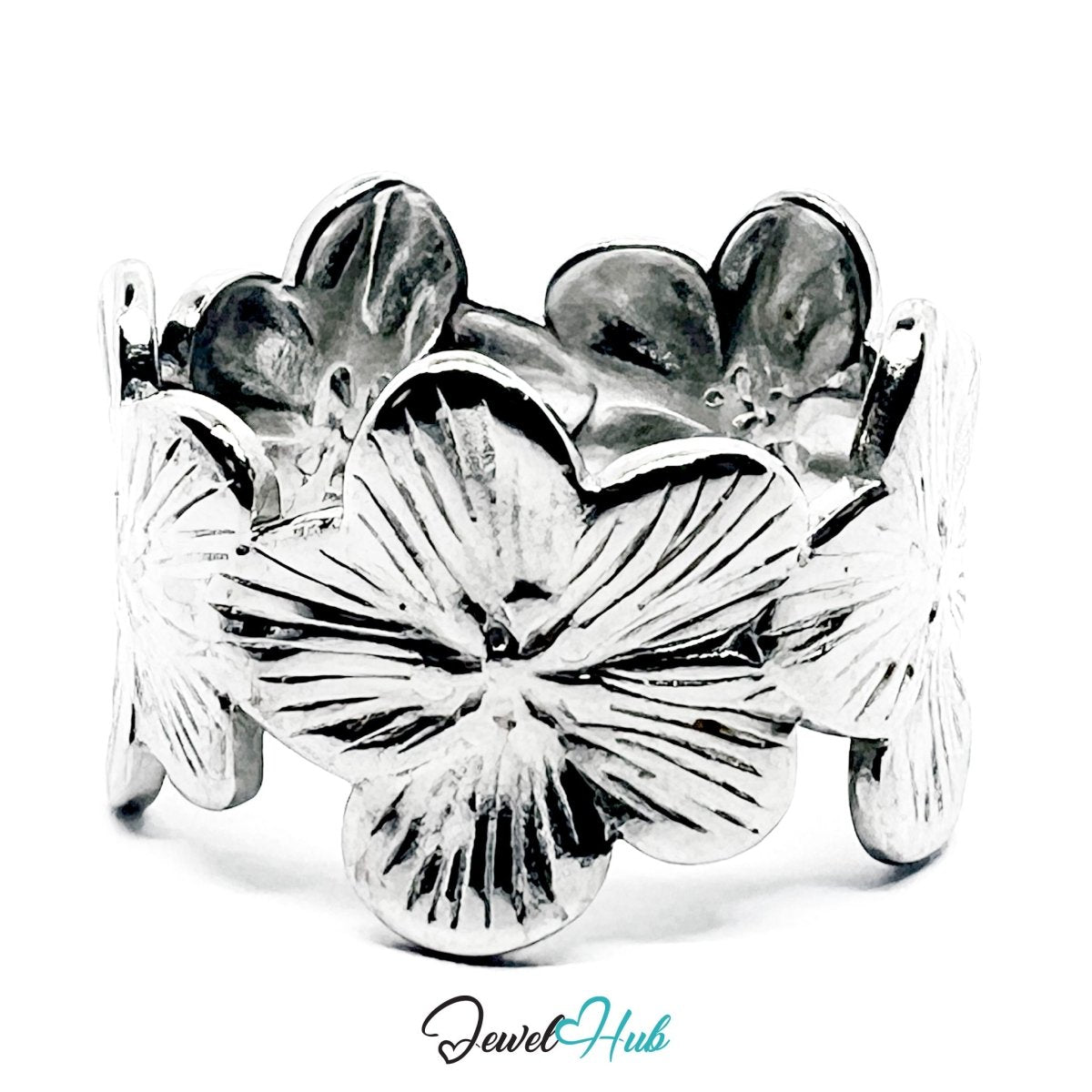 Stainless Steel Silver Flower Ring – Sculptural Floral Statement Band - JewelHub.co.uk