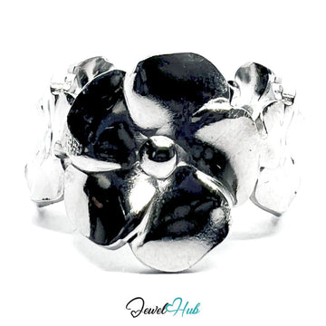 Stainless Steel Silver Flower Ring – Sculptural Petal Statement - JewelHub.co.uk