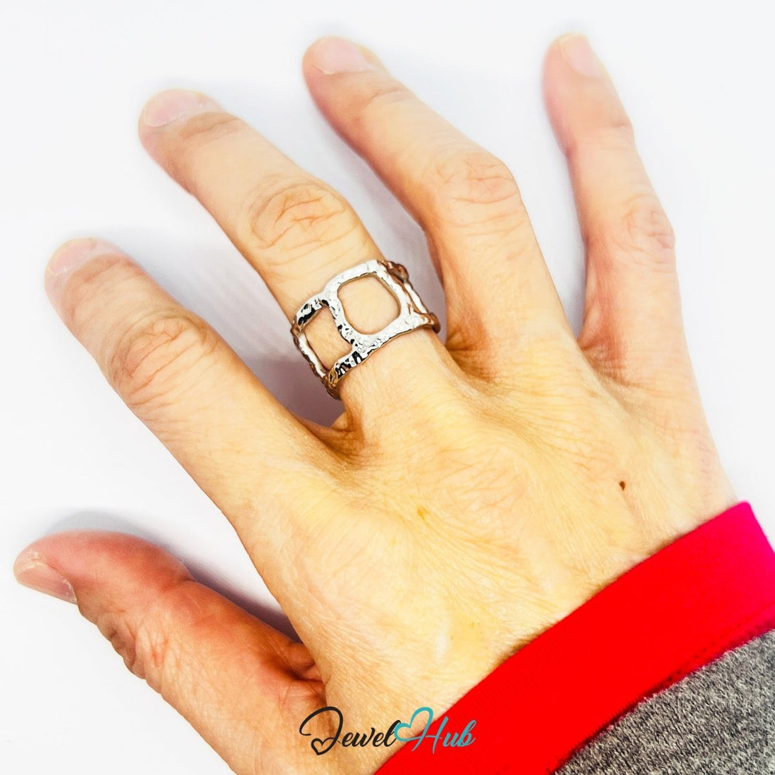 Stainless Steel Silver Geometric Cut‑Out Ring – Artisan Texture - JewelHub.co.uk