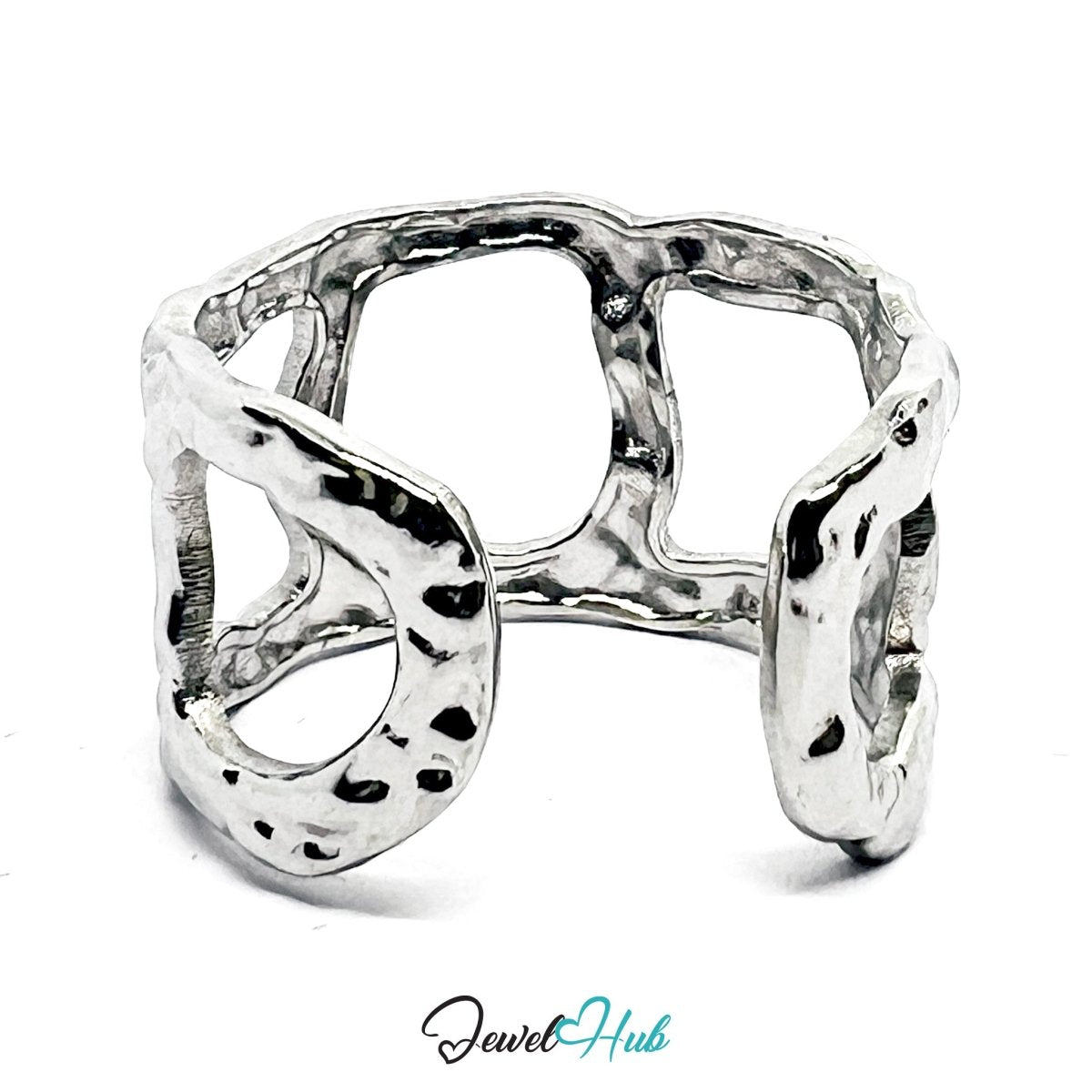 Stainless Steel Silver Geometric Cut‑Out Ring – Artisan Texture - JewelHub.co.uk