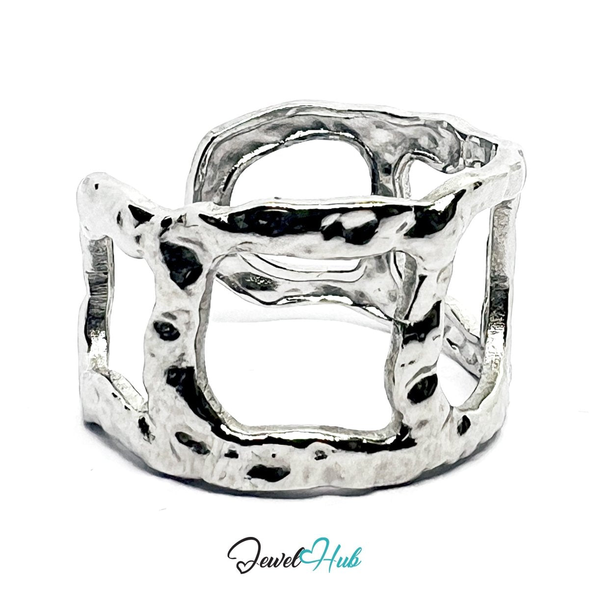 Stainless Steel Silver Geometric Cut‑Out Ring – Artisan Texture - JewelHub.co.uk
