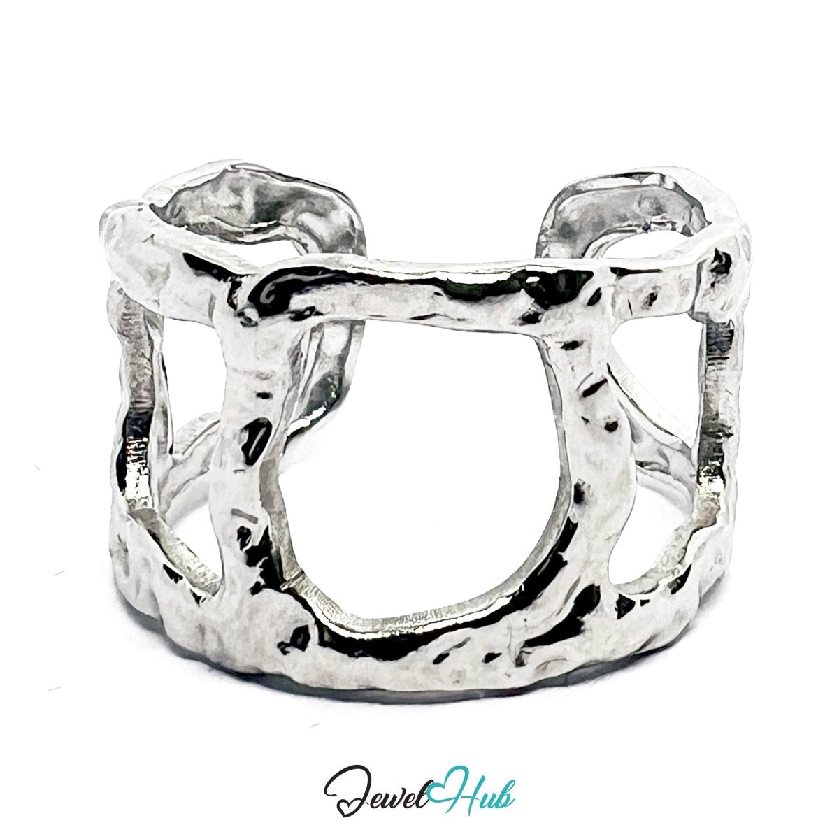 Stainless Steel Silver Geometric Cut‑Out Ring – Artisan Texture - JewelHub.co.uk