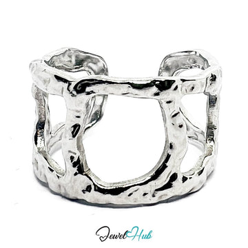 Stainless Steel Silver Geometric Cut‑Out Ring – Artisan Texture - JewelHub.co.uk