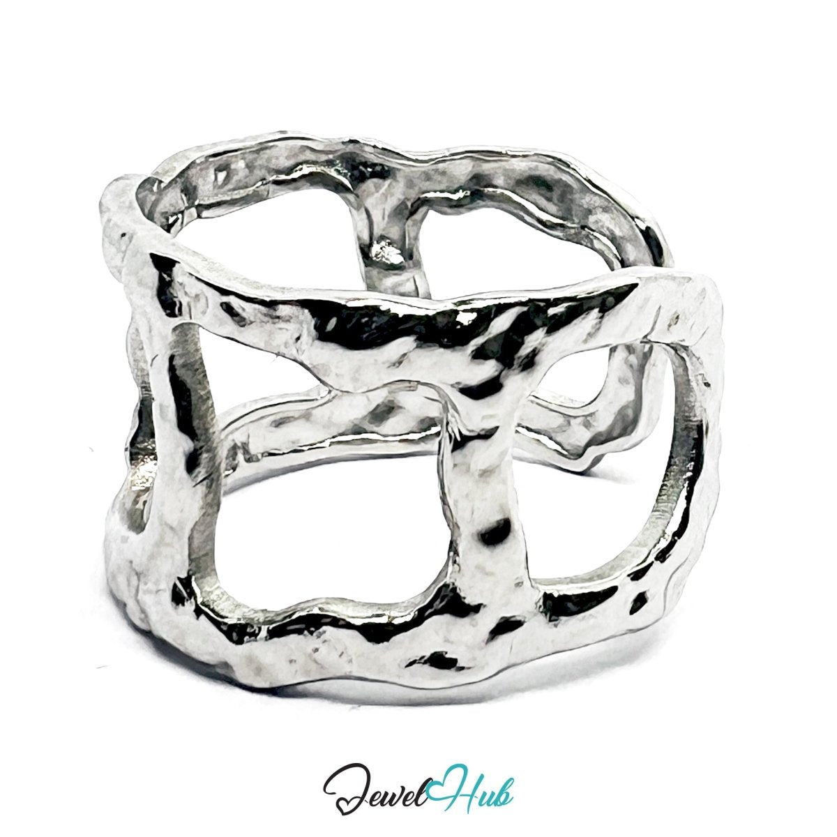 Stainless Steel Silver Geometric Cut‑Out Ring – Artisan Texture - JewelHub.co.uk
