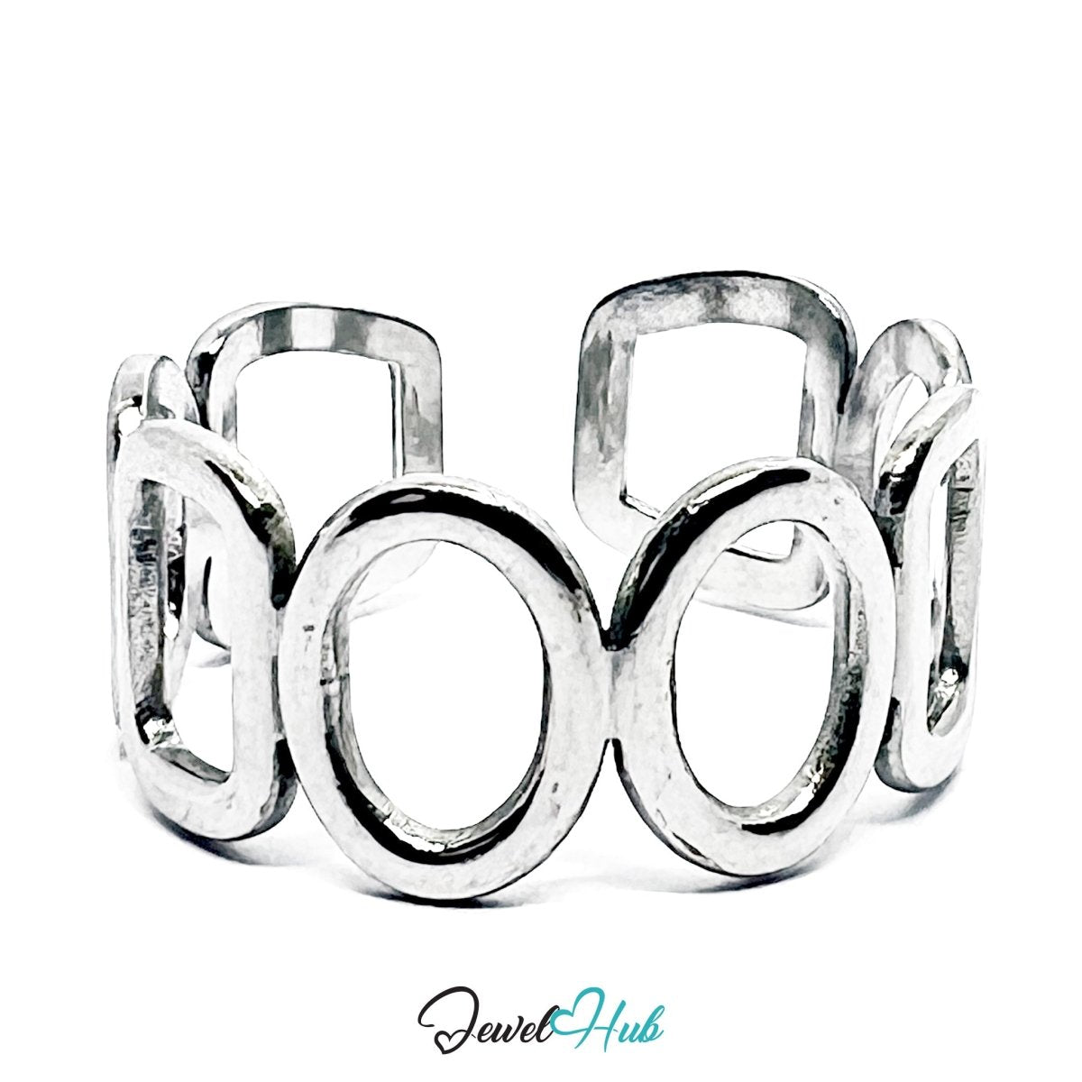 Stainless Steel Silver Geometric Link Ring – Sculptural Chain Design - JewelHub.co.uk